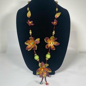 Hand-Crafted Leather Long Floral Necklace
